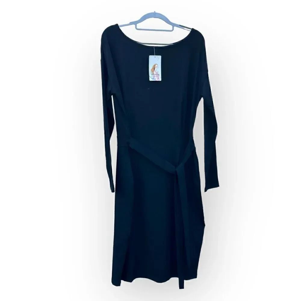 Pretty Garden long sleeve midi length dress pockets tie waist crew neck black Si
